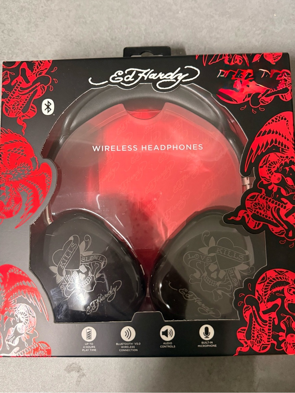 Ed Hardy Black and Red Wireless Bluetooth Headphones
